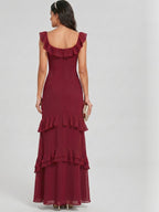 Elegant Cabernet Chiffon mermaid Square Neck Ankle-Length Bridesmaid Dress - Curvevia