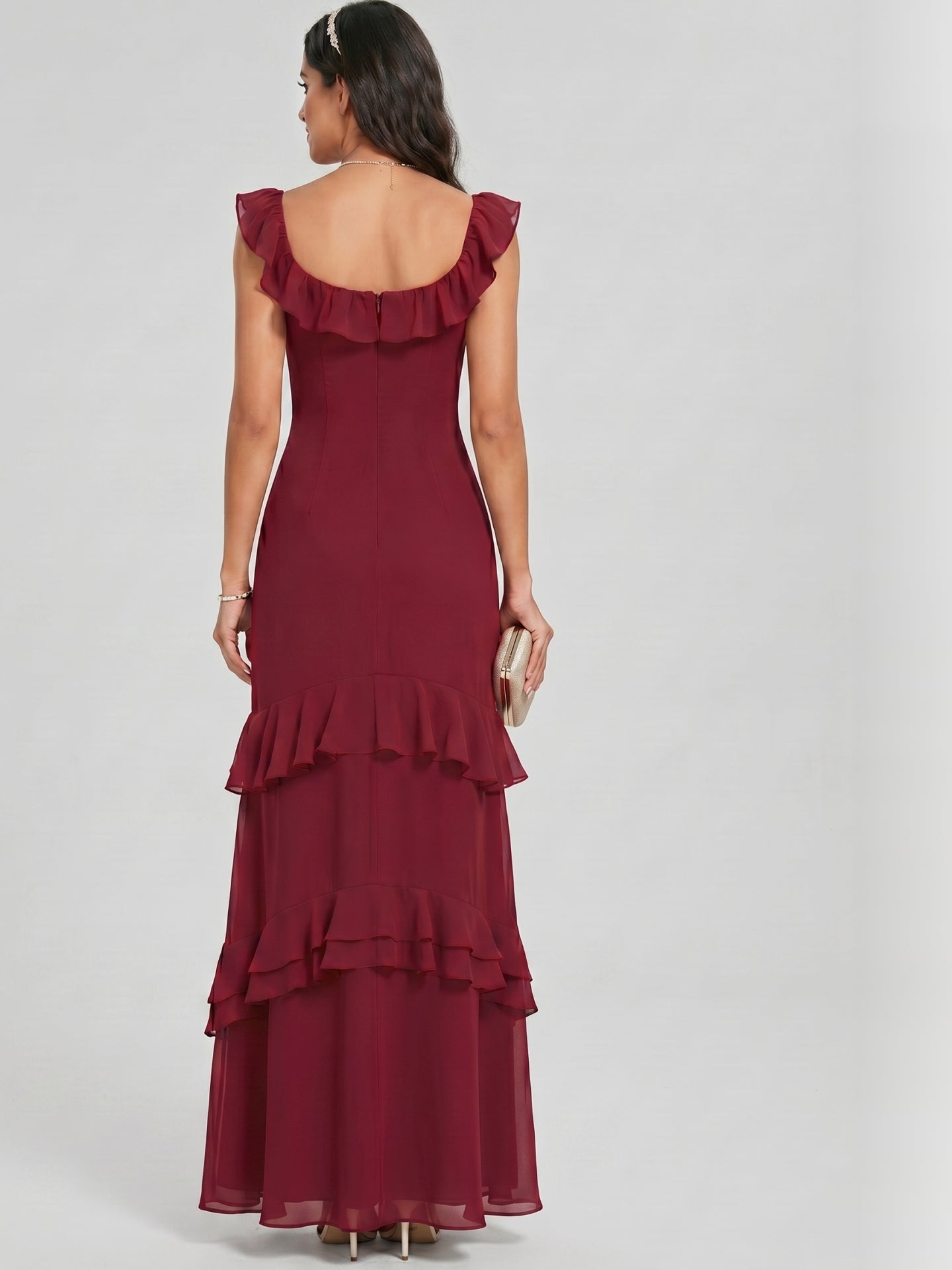 Elegant Cabernet Chiffon mermaid Square Neck Ankle-Length Bridesmaid Dress - Curvevia
