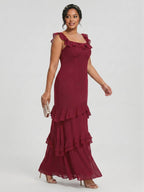 Elegant Cabernet Chiffon mermaid Square Neck Ankle-Length Bridesmaid Dress - Curvevia