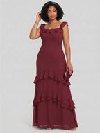 Elegant Cabernet Chiffon mermaid Square Neck Ankle-Length Bridesmaid Dress - Curvevia