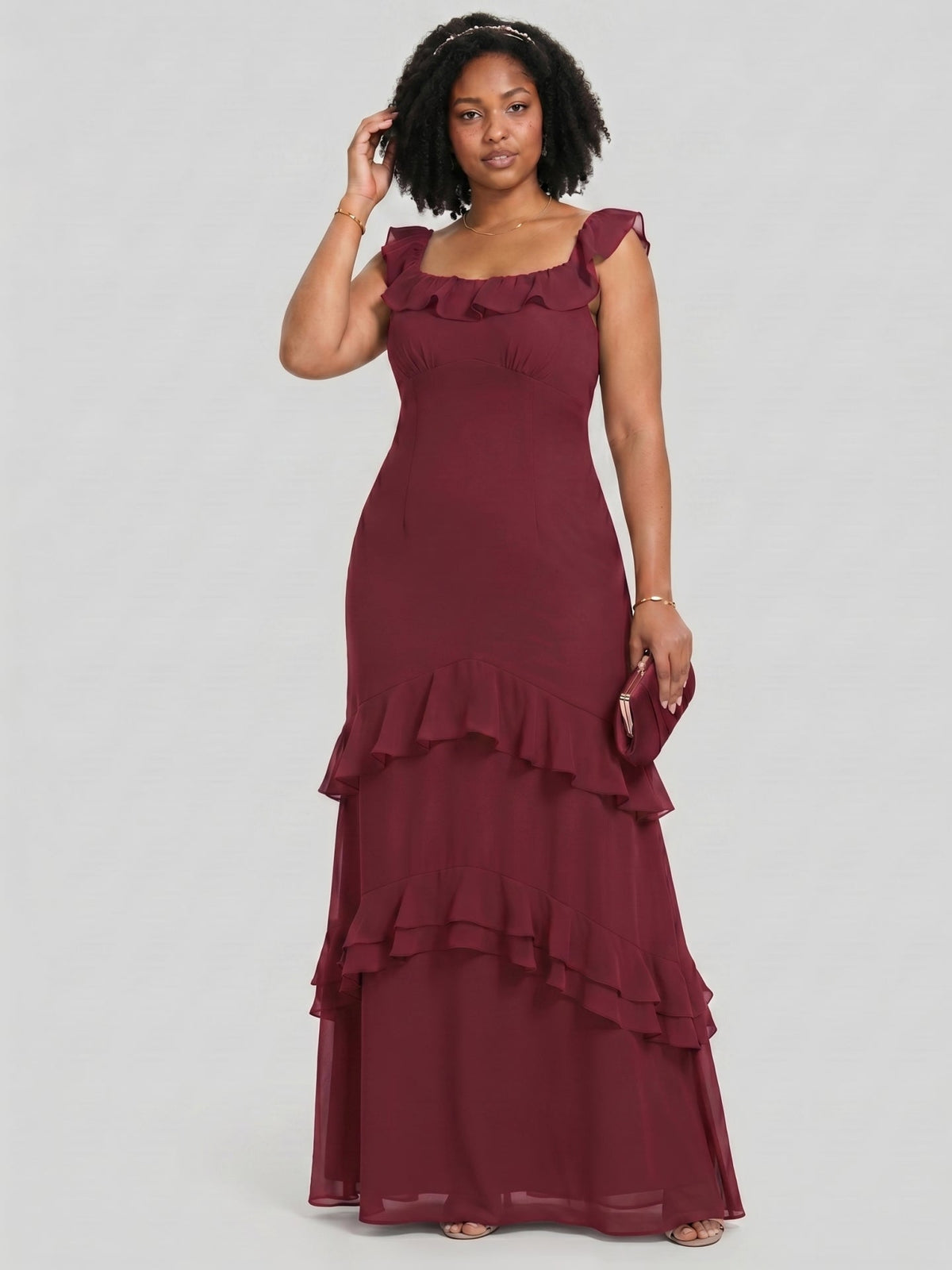 Elegant Cabernet Chiffon mermaid Square Neck Ankle-Length Bridesmaid Dress - Curvevia