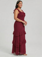 Elegant Cabernet Chiffon mermaid Square Neck Ankle-Length Bridesmaid Dress - Curvevia
