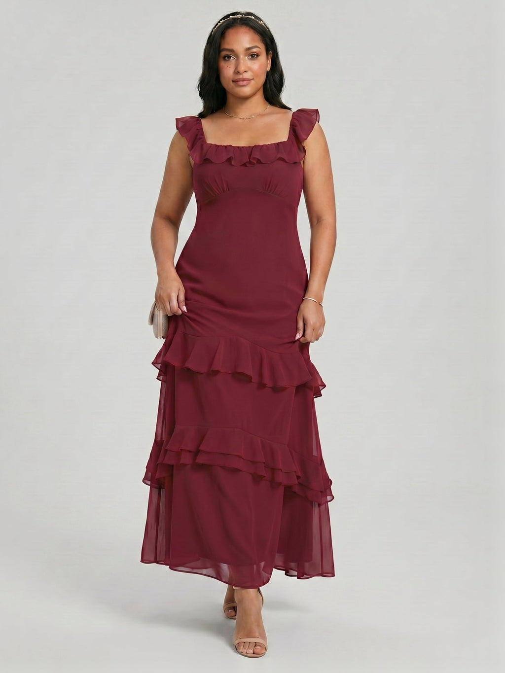 Elegant Cabernet Chiffon mermaid Square Neck Ankle-Length Bridesmaid Dress - Curvevia