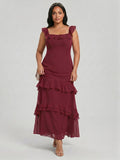 Elegant Cabernet Chiffon mermaid Square Neck Ankle-Length Bridesmaid Dress - Curvevia