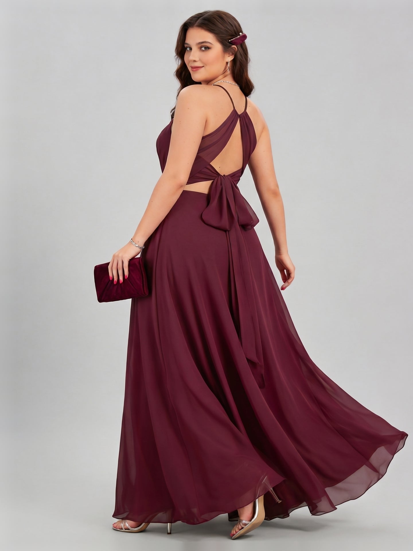 Sweet & Flowy Cabernet Chiffon A-Line Halter neckline Ankle-Length Plus Size Bridesmaid Dress - Curvevia