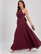 Sweet & Flowy Cabernet Chiffon A-Line Halter neckline Ankle-Length Plus Size Bridesmaid Dress - Curvevia