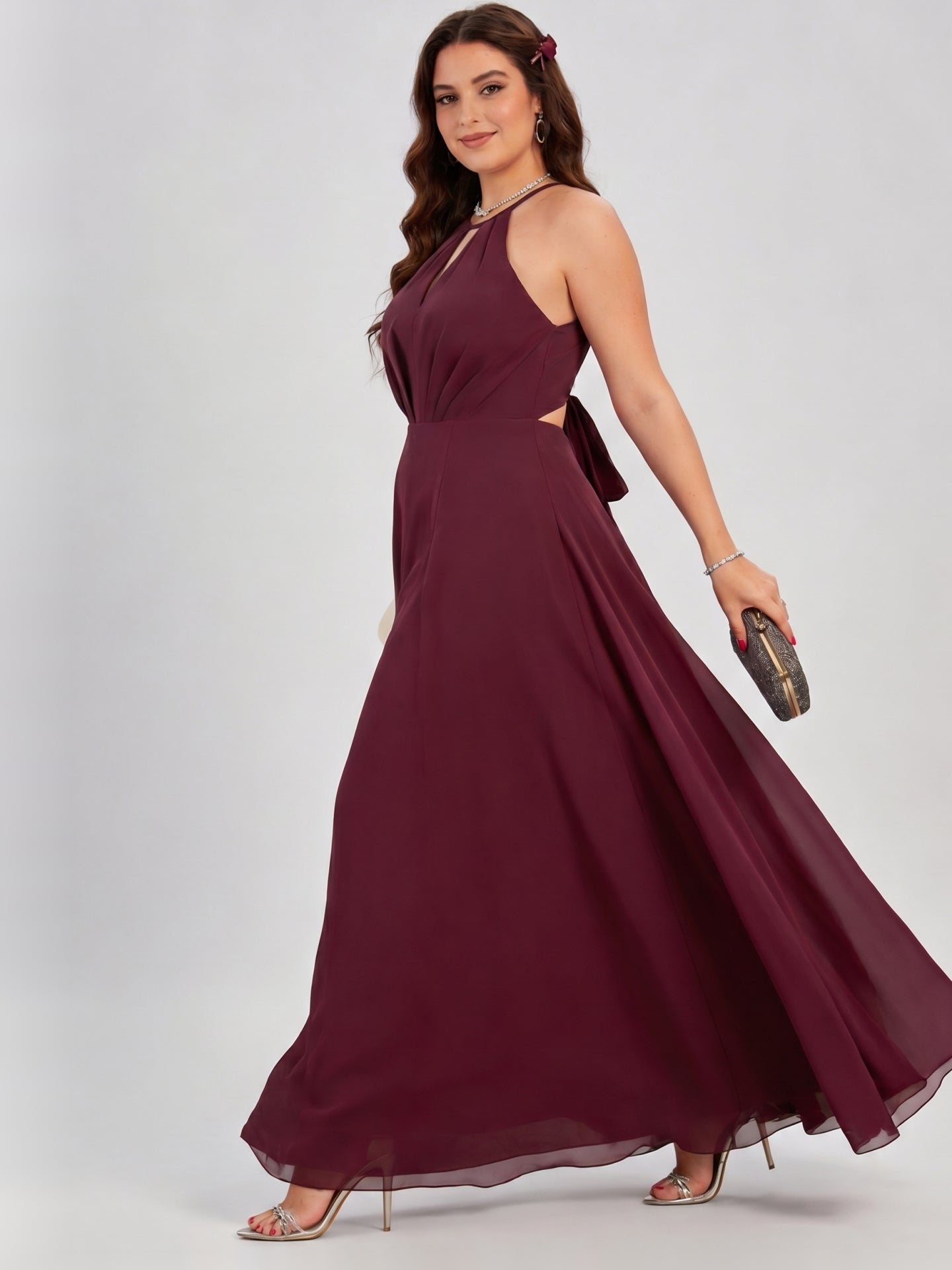 Sweet & Flowy Cabernet Chiffon A-Line Halter neckline Ankle-Length Plus Size Bridesmaid Dress - Curvevia