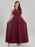 Sweet & Flowy Cabernet Chiffon A-Line Halter neckline Ankle-Length Plus Size Bridesmaid Dress - Curvevia