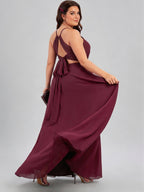 Sweet & Flowy Cabernet Chiffon A-Line Halter neckline Ankle-Length Plus Size Bridesmaid Dress - Curvevia