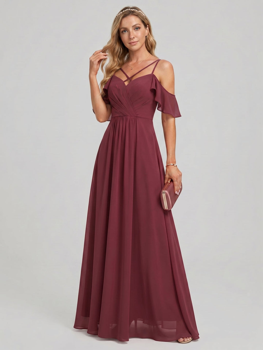 Coquette Cabernet Chiffon A-Line Sweetheart Back Zip Ankle-Length Bridesmaid Dress - Curvevia