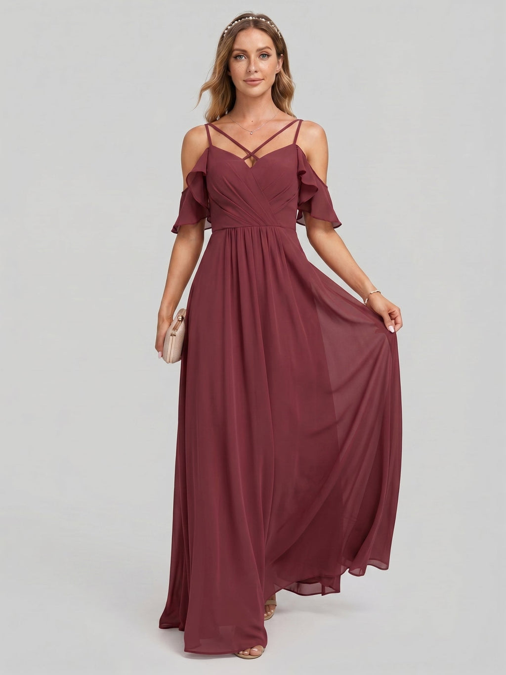 Coquette Cabernet Chiffon A-Line Sweetheart Back Zip Ankle-Length Bridesmaid Dress - Curvevia