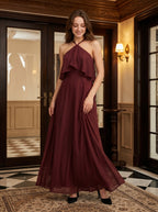 Cabernet Chiffon A-Line Halter Back Zip Floor-Length Bridesmaid Dress with Ruffle - Curvevia