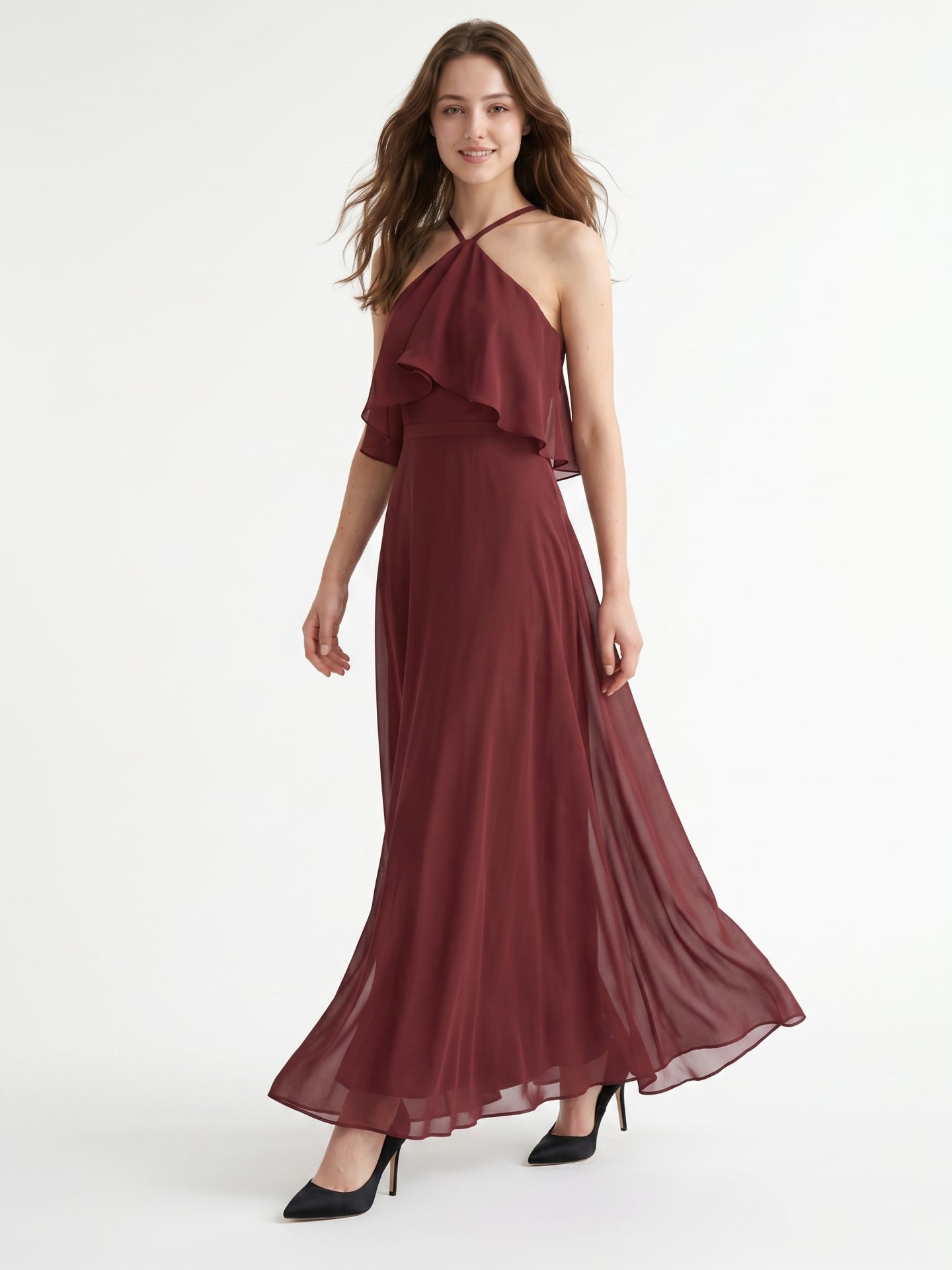 Cabernet Chiffon A-Line Halter Back Zip Floor-Length Bridesmaid Dress with Ruffle - Curvevia