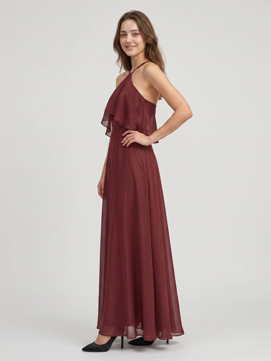 Cabernet Chiffon A-Line Halter Back Zip Floor-Length Bridesmaid Dress with Ruffle - Curvevia