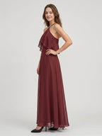 Cabernet Chiffon A-Line Halter Back Zip Floor-Length Bridesmaid Dress with Ruffle - Curvevia