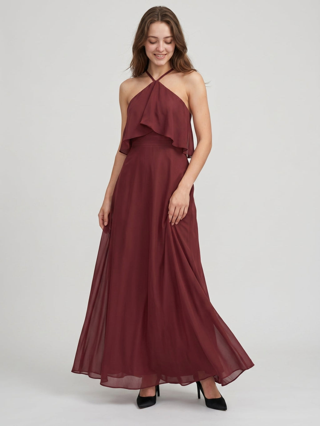Cabernet Chiffon A-Line Halter Back Zip Floor-Length Bridesmaid Dress with Ruffle - Curvevia