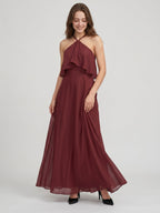Cabernet Chiffon A-Line Halter Back Zip Floor-Length Bridesmaid Dress with Ruffle - Curvevia