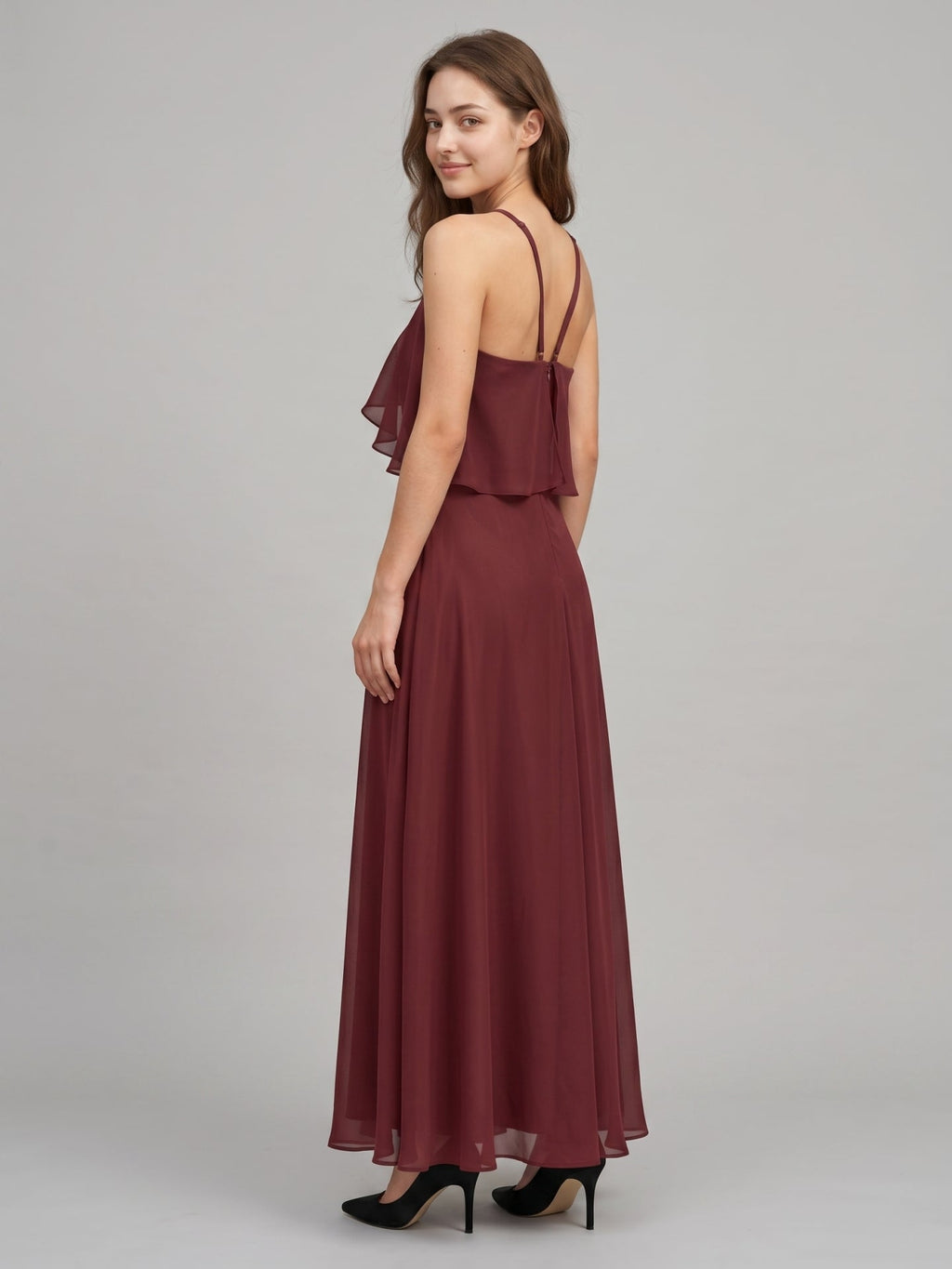 Cabernet Chiffon A-Line Halter Back Zip Floor-Length Bridesmaid Dress with Ruffle - Curvevia