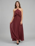 Cabernet Chiffon A-Line Halter Back Zip Floor-Length Bridesmaid Dress with Ruffle - Curvevia