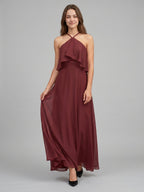 Cabernet Chiffon A-Line Halter Back Zip Floor-Length Bridesmaid Dress with Ruffle - Curvevia