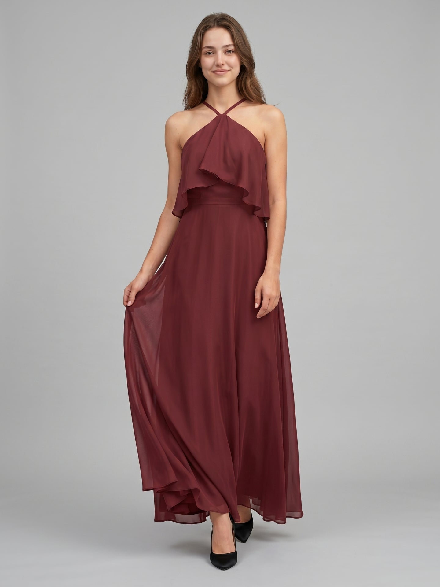 Cabernet Chiffon A-Line Halter Back Zip Floor-Length Bridesmaid Dress with Ruffle - Curvevia