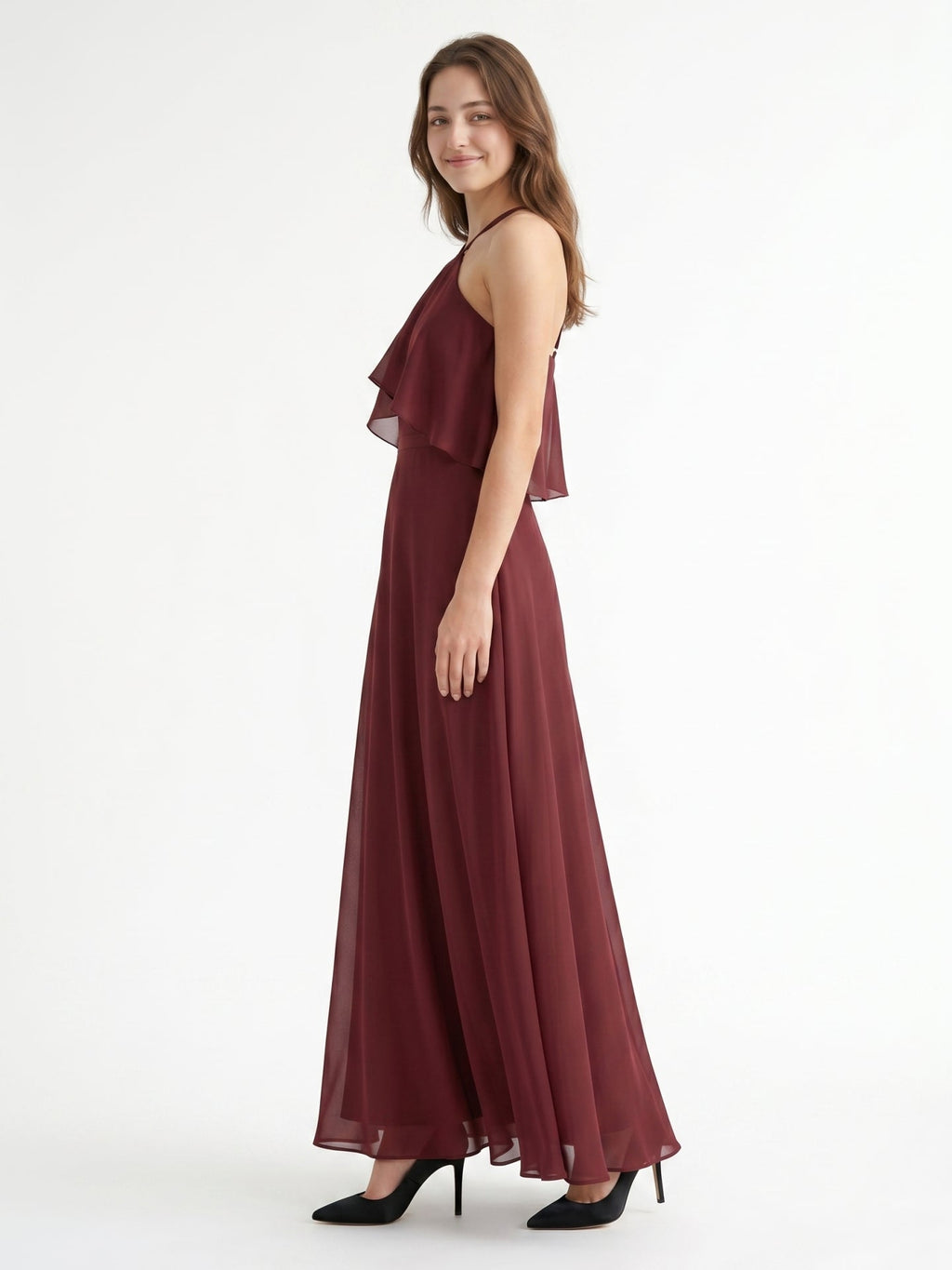 Cabernet Chiffon A-Line Halter Back Zip Floor-Length Bridesmaid Dress with Ruffle - Curvevia