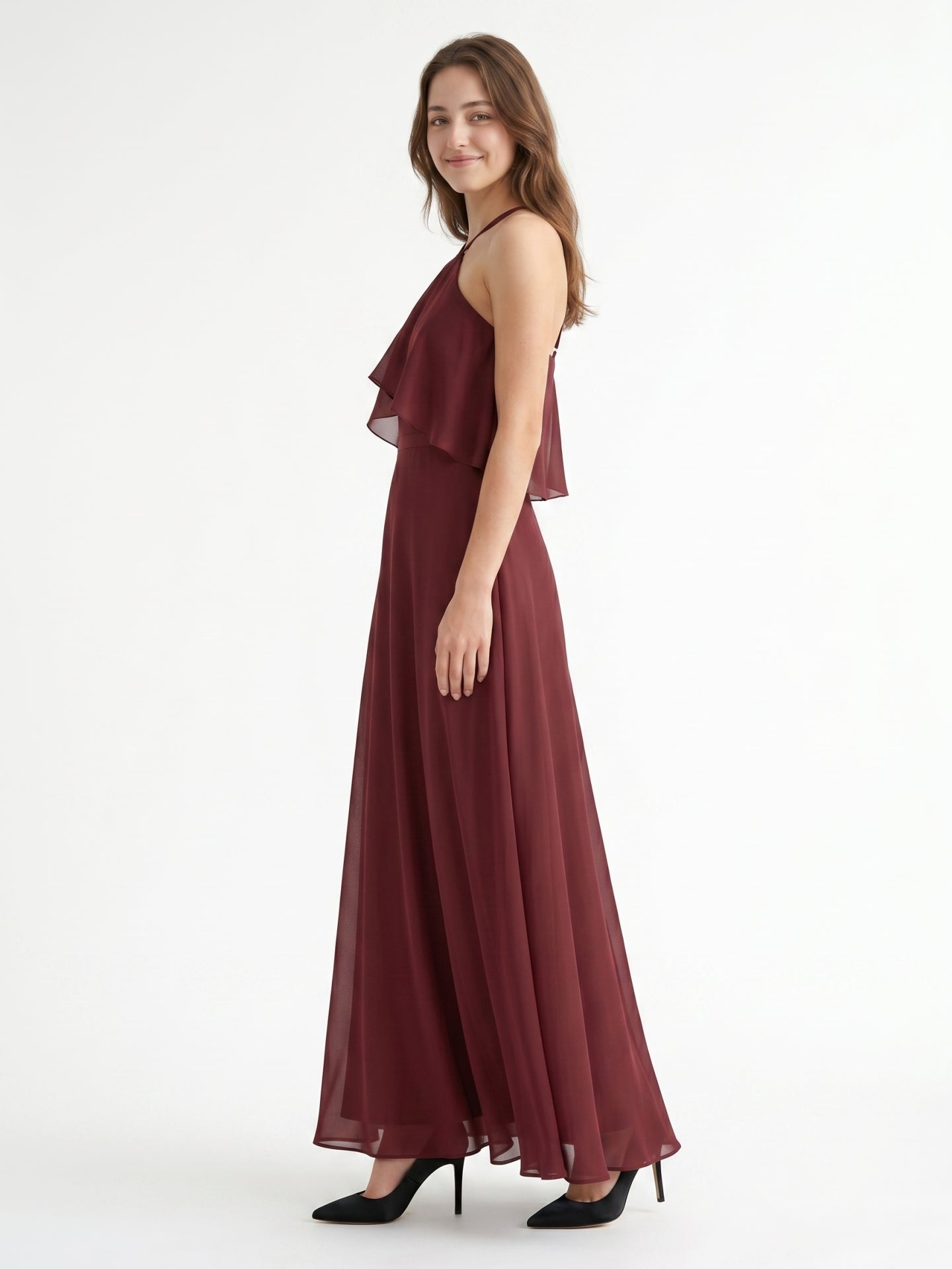 Cabernet Chiffon A-Line Halter Back Zip Floor-Length Bridesmaid Dress with Ruffle - Curvevia