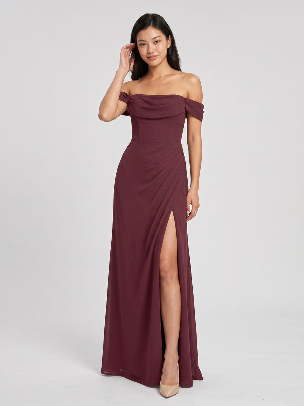 Cabernet Chiffon A-Line Off-the-Shoulder Back Zip Floor-Length Bridesmaid Dress with Pleating - Curvevia