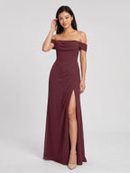 Cabernet Chiffon A-Line Off-the-Shoulder Back Zip Floor-Length Bridesmaid Dress with Pleating - Curvevia