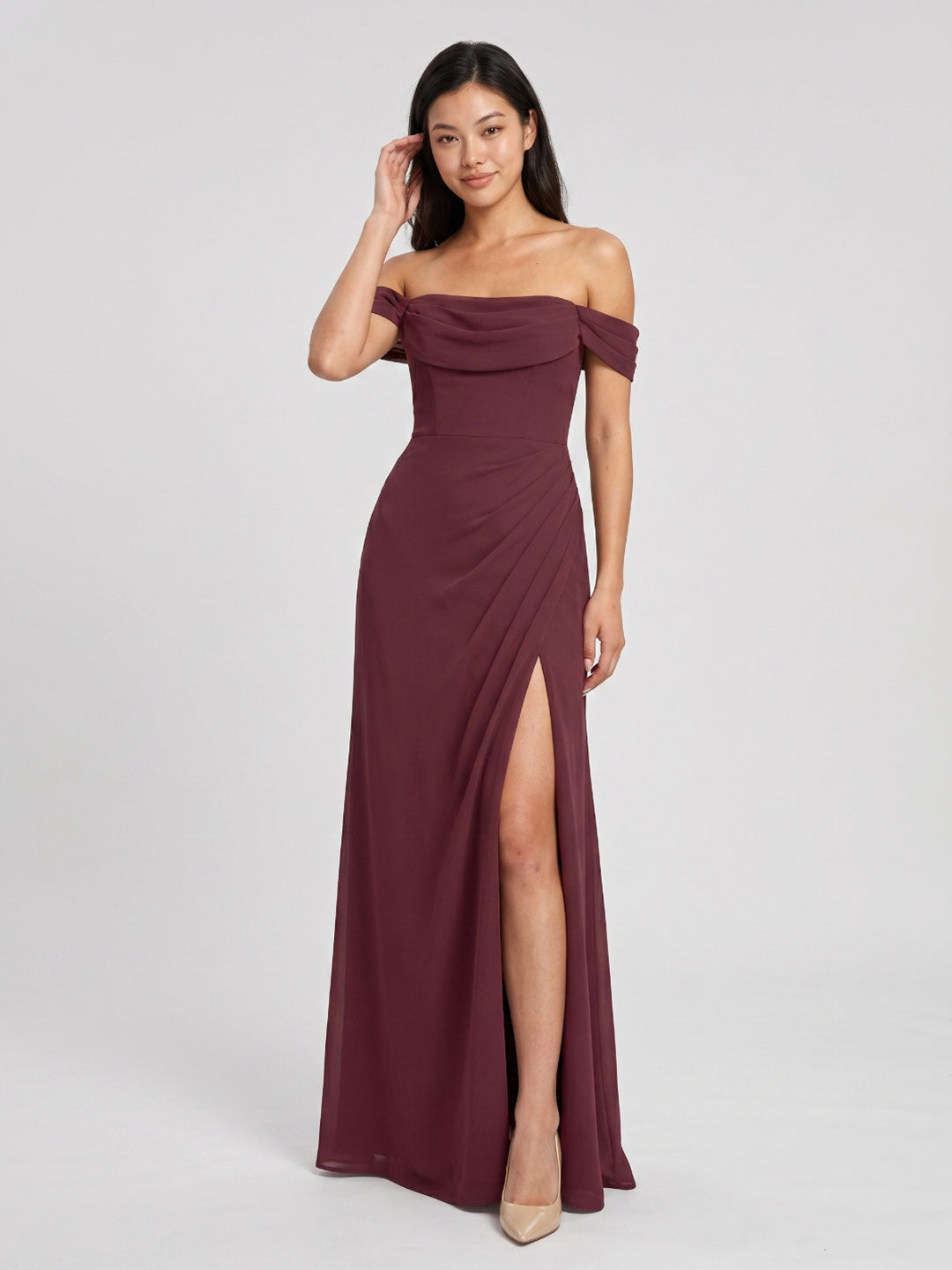 Cabernet Chiffon A-Line Off-the-Shoulder Back Zip Floor-Length Bridesmaid Dress with Pleating - Curvevia