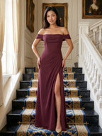 Cabernet Chiffon A-Line Off-the-Shoulder Back Zip Floor-Length Bridesmaid Dress with Pleating - Curvevia