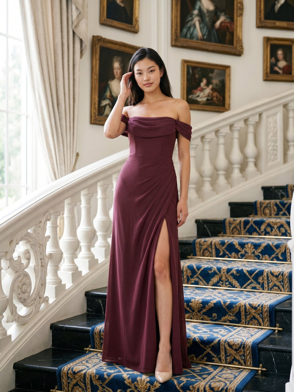 Cabernet Chiffon A-Line Off-the-Shoulder Back Zip Floor-Length Bridesmaid Dress with Pleating - Curvevia