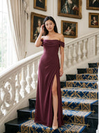 Cabernet Chiffon A-Line Off-the-Shoulder Back Zip Floor-Length Bridesmaid Dress with Pleating - Curvevia
