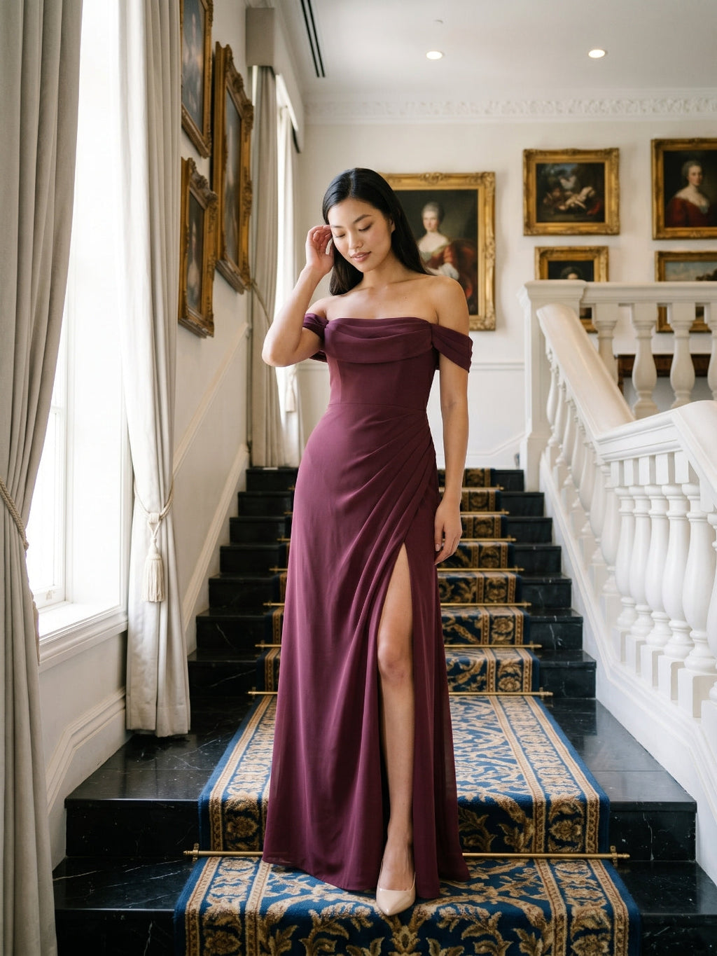 Cabernet Chiffon A-Line Off-the-Shoulder Back Zip Floor-Length Bridesmaid Dress with Pleating - Curvevia