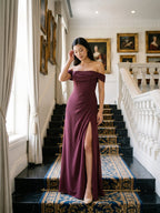 Cabernet Chiffon A-Line Off-the-Shoulder Back Zip Floor-Length Bridesmaid Dress with Pleating - Curvevia