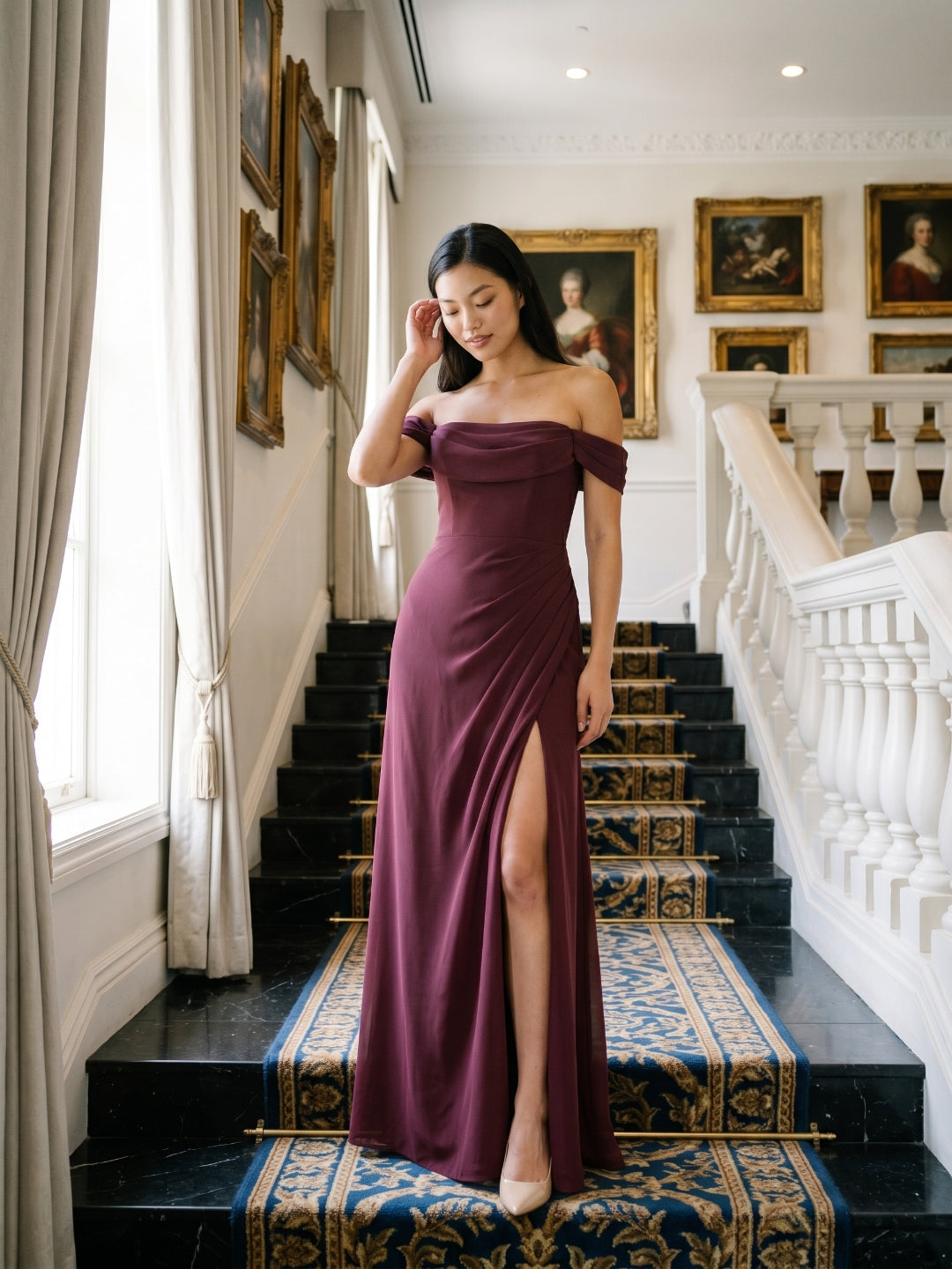 Cabernet Chiffon A-Line Off-the-Shoulder Back Zip Floor-Length Bridesmaid Dress with Pleating - Curvevia