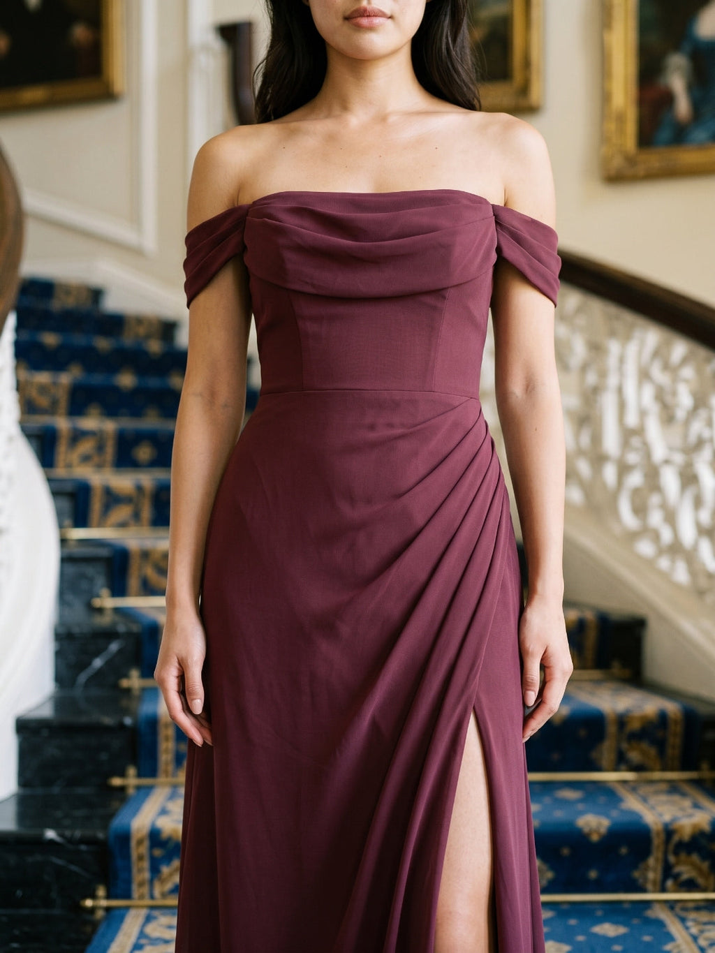 Cabernet Chiffon A-Line Off-the-Shoulder Back Zip Floor-Length Bridesmaid Dress with Pleating - Curvevia