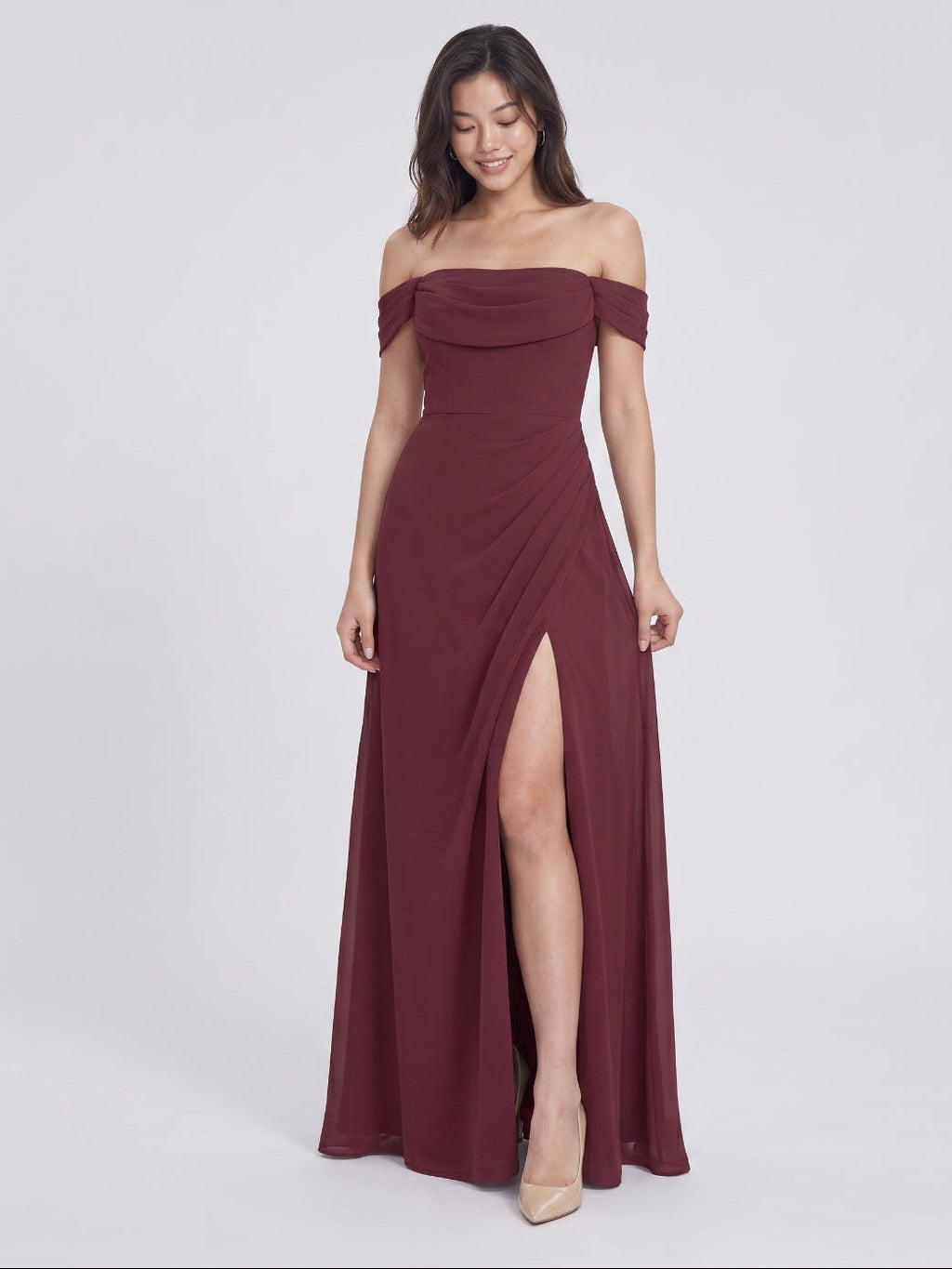 Cabernet Chiffon A-Line Off-the-Shoulder Back Zip Floor-Length Bridesmaid Dress with Pleating - Curvevia