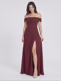 Cabernet Chiffon A-Line Off-the-Shoulder Back Zip Floor-Length Bridesmaid Dress with Pleating - Curvevia