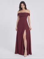 Cabernet Chiffon A-Line Off-the-Shoulder Back Zip Floor-Length Bridesmaid Dress with Pleating - Curvevia