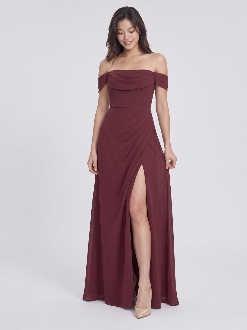 Cabernet Chiffon A-Line Off-the-Shoulder Back Zip Floor-Length Bridesmaid Dress with Pleating - Curvevia