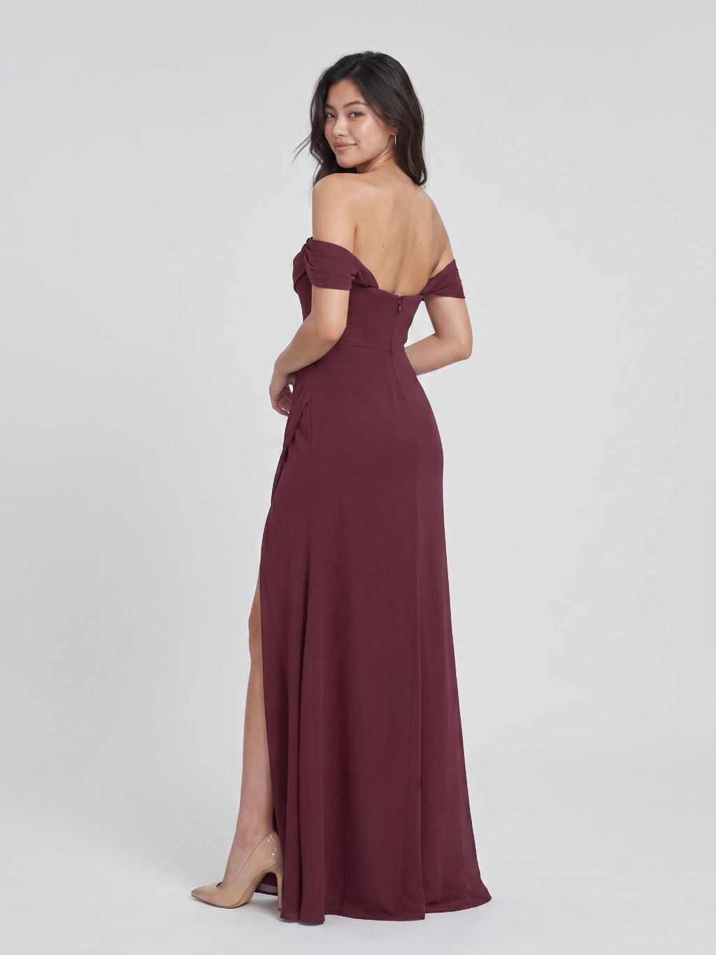 Cabernet Chiffon A-Line Off-the-Shoulder Back Zip Floor-Length Bridesmaid Dress with Pleating - Curvevia