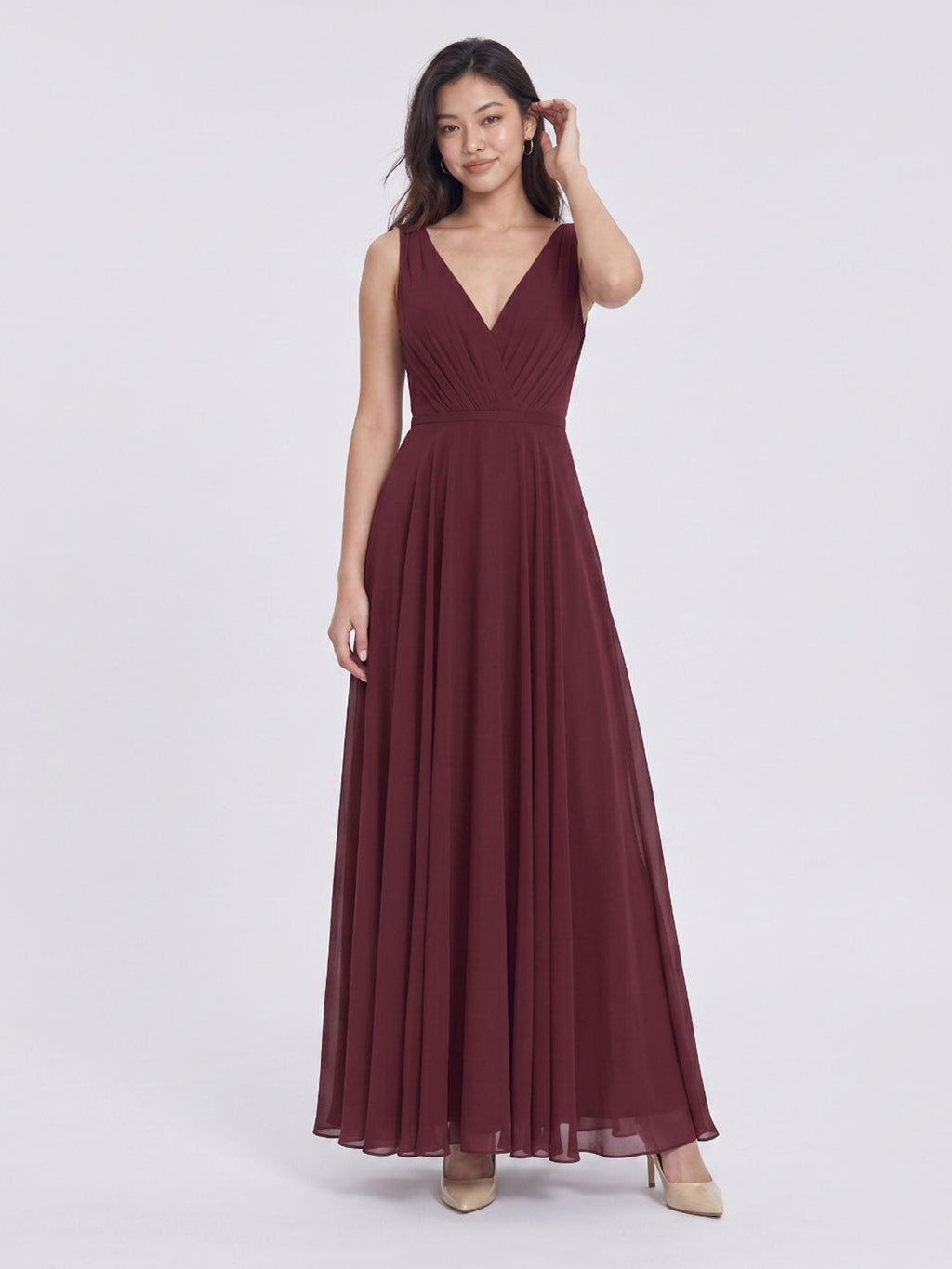 Cabernet Chiffon A-Line V-Neck V-Back Floor-Length Bridesmaid Dress with Pleating - Curvevia