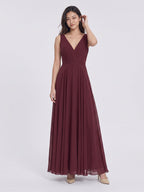 Cabernet Chiffon A-Line V-Neck V-Back Floor-Length Bridesmaid Dress with Pleating - Curvevia
