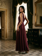 Cabernet Chiffon A-Line V-Neck V-Back Floor-Length Bridesmaid Dress with Pleating - Curvevia
