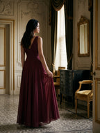 Cabernet Chiffon A-Line V-Neck V-Back Floor-Length Bridesmaid Dress with Pleating - Curvevia
