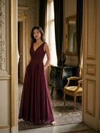 Cabernet Chiffon A-Line V-Neck V-Back Floor-Length Bridesmaid Dress with Pleating - Curvevia