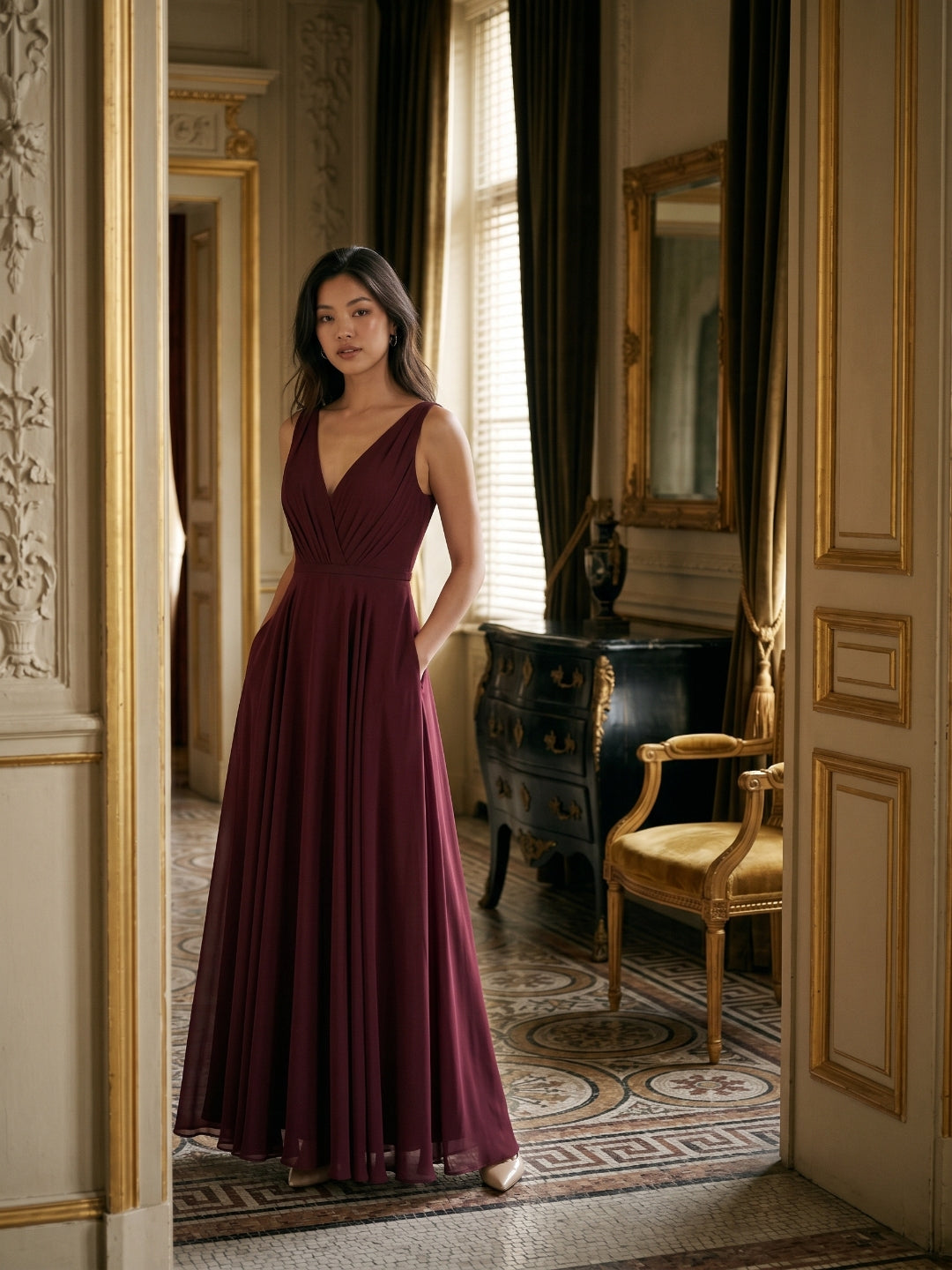 Cabernet Chiffon A-Line V-Neck V-Back Floor-Length Bridesmaid Dress with Pleating - Curvevia