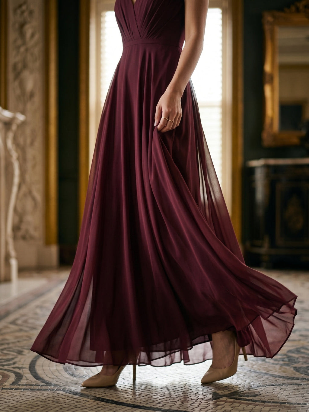Cabernet Chiffon A-Line V-Neck V-Back Floor-Length Bridesmaid Dress with Pleating - Curvevia