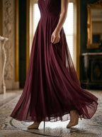 Cabernet Chiffon A-Line V-Neck V-Back Floor-Length Bridesmaid Dress with Pleating - Curvevia
